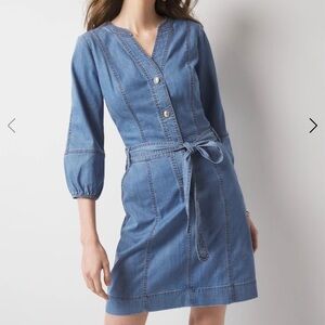 White House Black Market Denim Jean Mini Dress Size 8 3/4 Sleeve Button Front